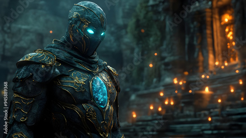 Ancient Warrior in Stone Armor Stands Guard Before a Temple