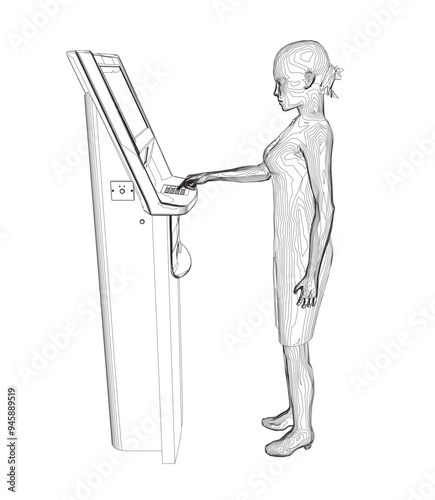Contour Woman withdraws money from an ATM. Outline of Young woman uses terminal. Young Woman Standing At ATM Machine. Vector illustration in flat style.