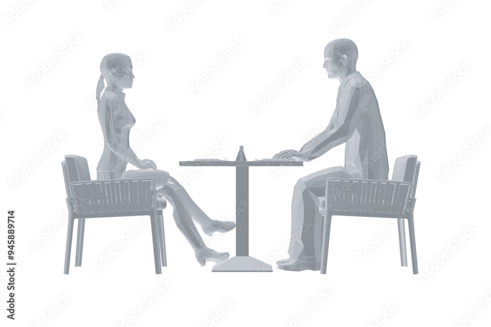 Polygonal model of man and woman sitting on chairs opposite each other at the table. Job interview. Vector illustration. 3D Polygonal model of man and woman sitting on chairs opposite each other at the table. Job interview. Vector illustration. 3D