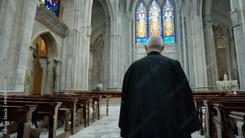 Explore the stunning architecture of the historic cathedral with magnificent stained glass windows during a quiet Sunday service Explore the stunning architecture of the historic cathedral with magnificent stained glass windows during a quiet Sunday service