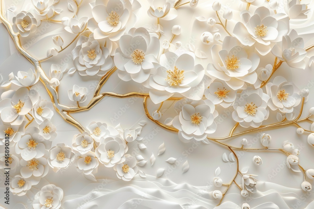 Golden Flower Tree on a Luxury White Background. AI generated illustration Golden Flower Tree on a Luxury White Background. AI generated illustration