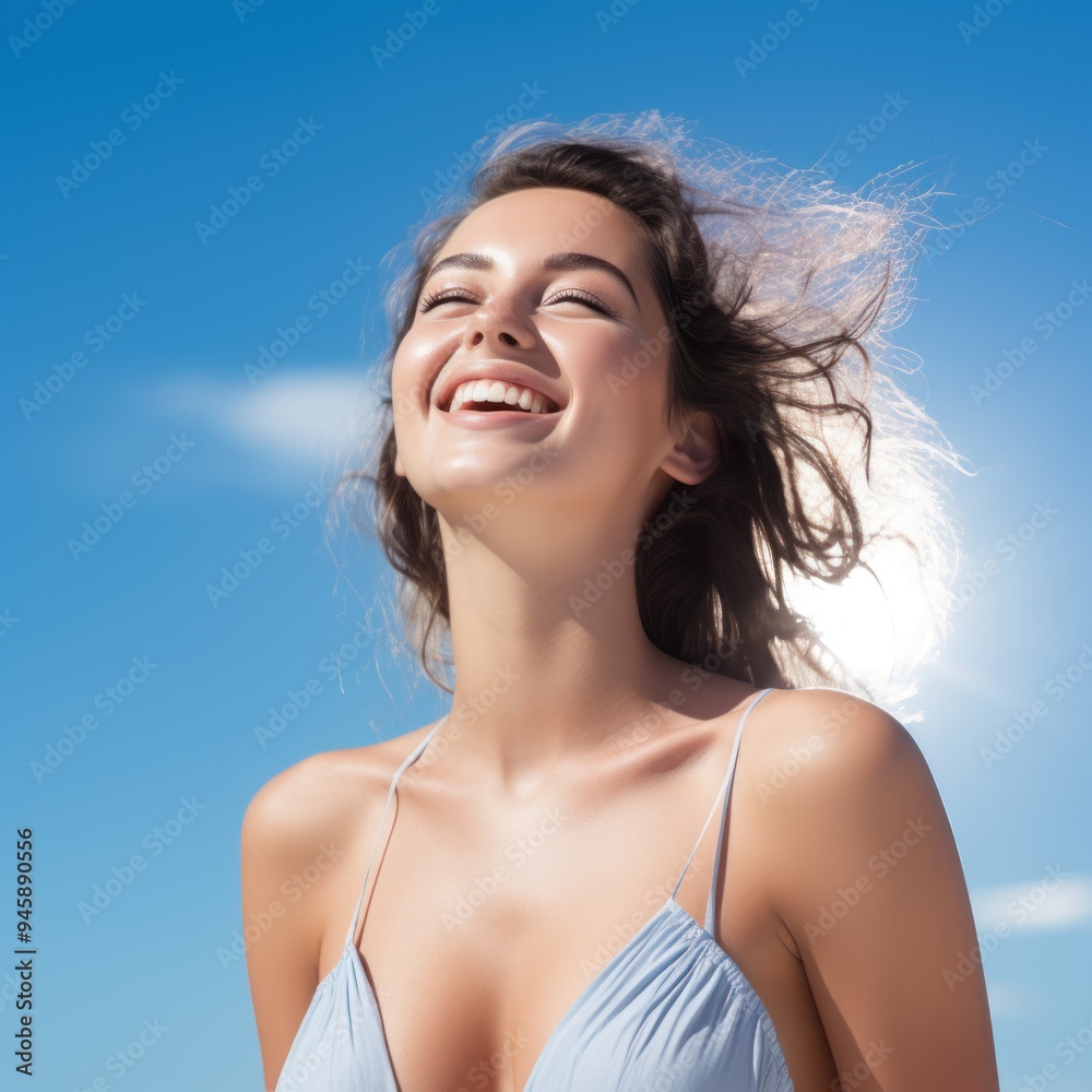 Happy girl with expertly applied makeup, beaming with joy under clear blue skies, Happy girl with expertly applied makeup, beaming with joy under clear blue skies,