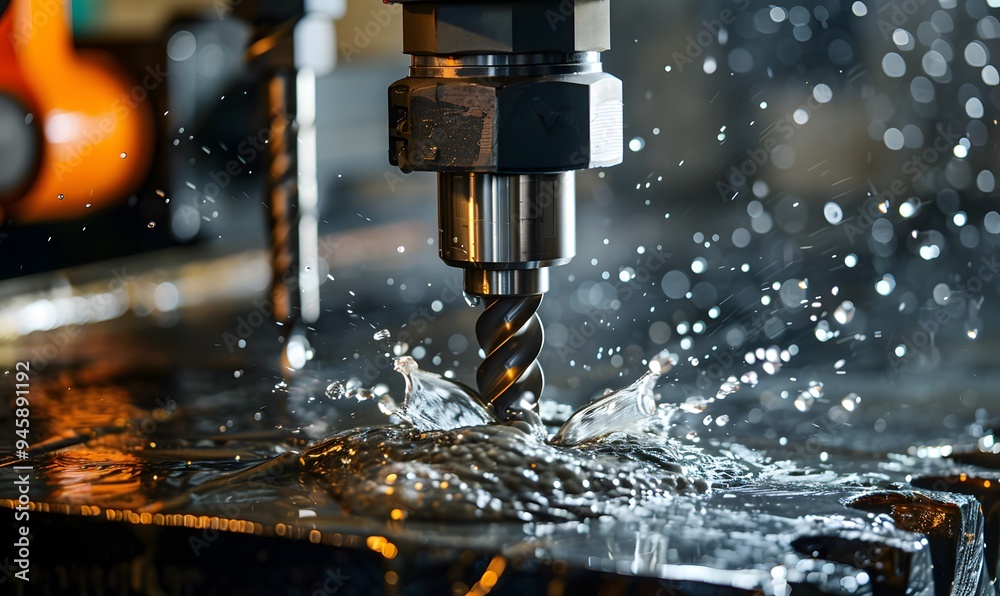 CNC machining centre drilling steel and using metal working fluid as coolant. CNC machining centre drilling steel and using metal working fluid as coolant.