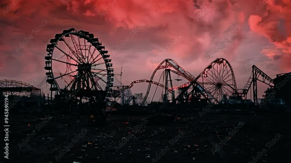 Abandoned amusement park after sunset with dramatic clouds in the sky Abandoned amusement park after sunset with dramatic clouds in the sky