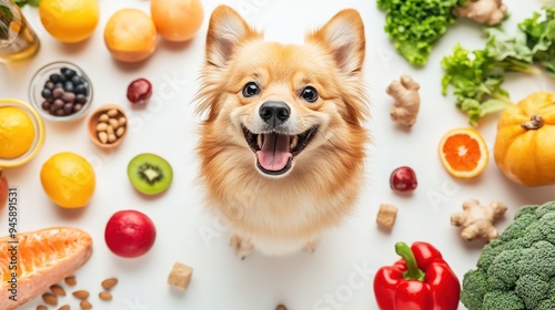 Fototapeta Naklejka Na Ścianę i Meble -  A happy dog surrounded by colorful vegetables and fruits in a bright kitchen during the afternoon