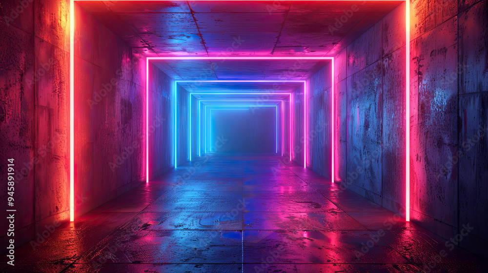 Futuristic Neon Lit Corridor with Reflective Surfaces Futuristic Neon Lit Corridor with Reflective Surfaces