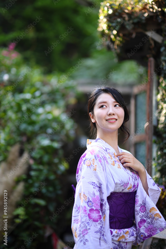 portrait woman with yukata dress in the garden portrait woman with yukata dress in the garden