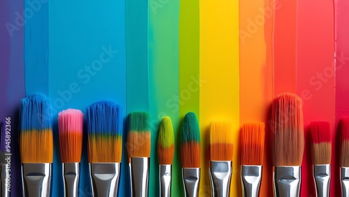 Bright and colorful paintbrushes arranged in a vibrant spectrum, showcasing artistic creativity. Perfect for backgrounds or themes related to art, painting, and creativity. photo