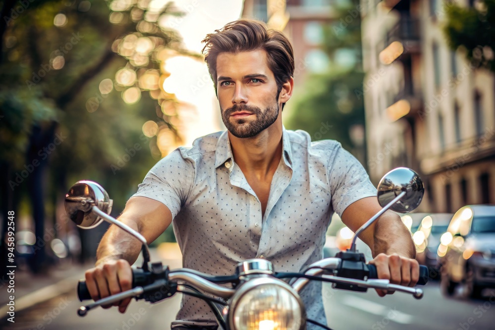 A man is riding a motorcycle on a city street A man is riding a motorcycle on a city street