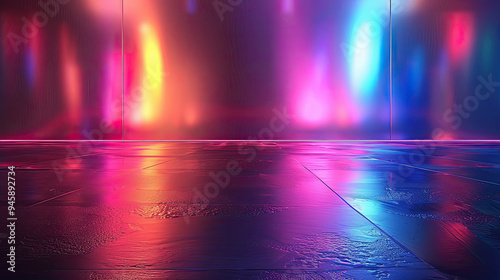 Colorful Neon Lit Room with Reflective Floor