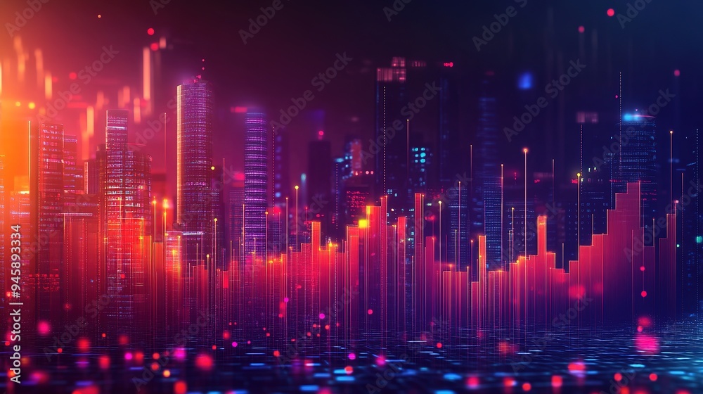 A vibrant city skyline illuminated by colorful lights during a night scene showcasing technological advances A vibrant city skyline illuminated by colorful lights during a night scene showcasing technological advances