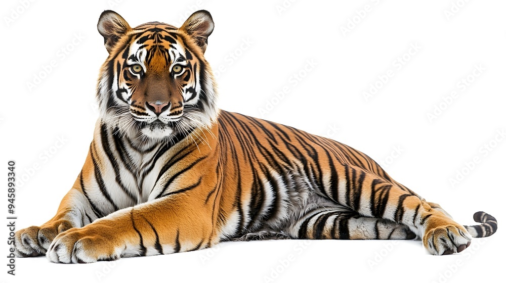 Fototapeta premium Regal Tiger Sitting Powerfully on White Backdrop