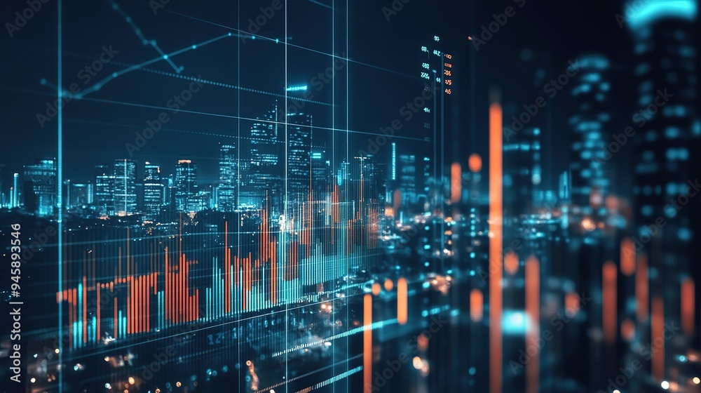 A vibrant city skyline illuminated by colorful lights during a night scene showcasing technological advances A vibrant city skyline illuminated by colorful lights during a night scene showcasing technological advances