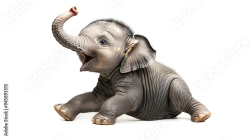 Adorable Baby Elephant Raising Playful Trunk on White Background