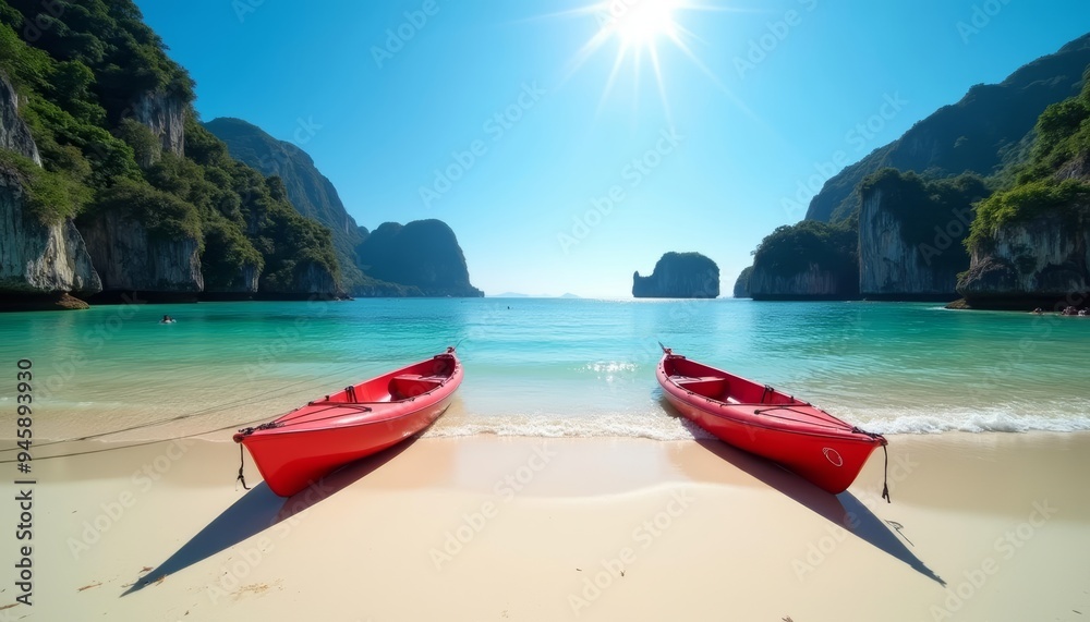 Tranquil beach getaway with two red kayaks Tranquil beach getaway with two red kayaks