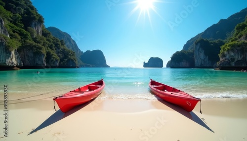 Tranquil beach getaway with two red kayaks