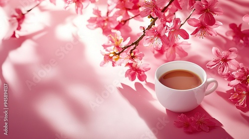  A cup of coffee sits atop a table with pink blossoms nearby