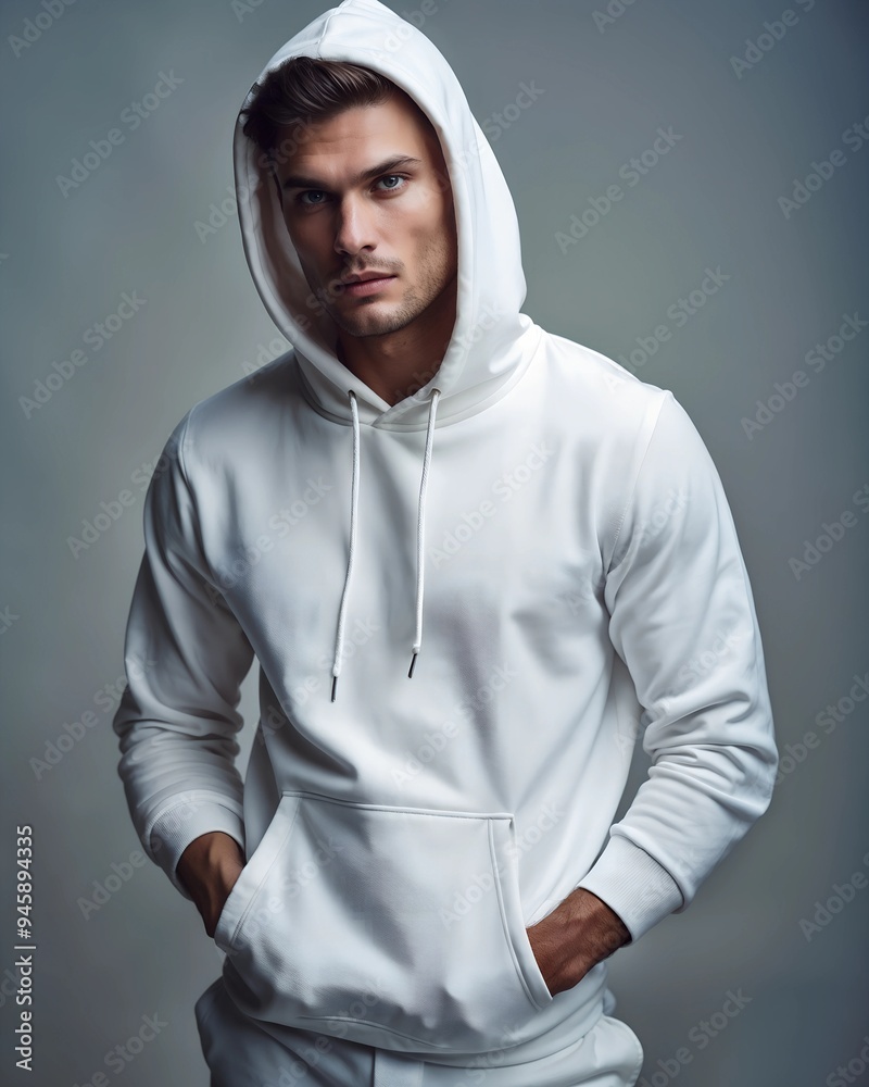 male model in white hoodie on neutral background in studio male model in white hoodie on neutral background in studio