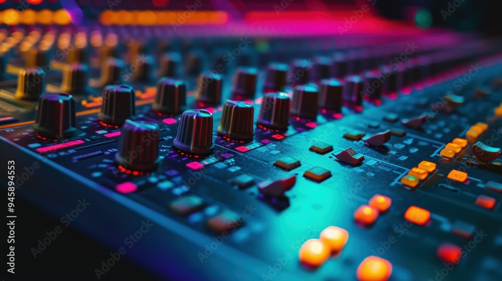 A detailed close up view of a sound mixer featuring many knobs and buttons A detailed close up view of a sound mixer featuring many knobs and buttons