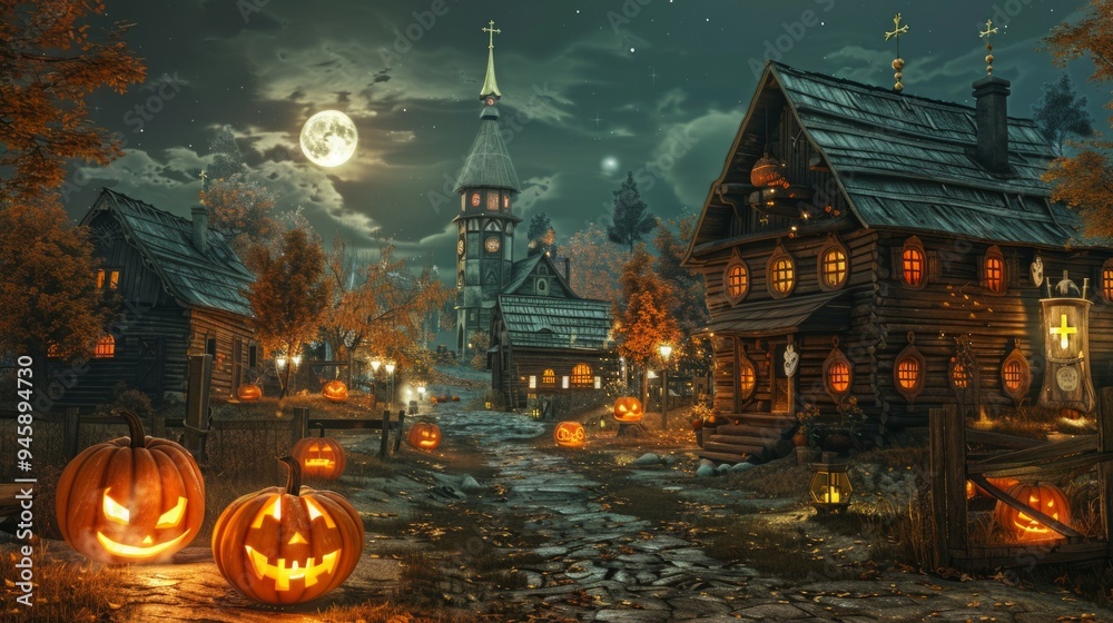 Fototapeta premium At midnight, during the full moon time, an old town looks deserted and quiet, spooky and scary. An old town with a Halloween theme