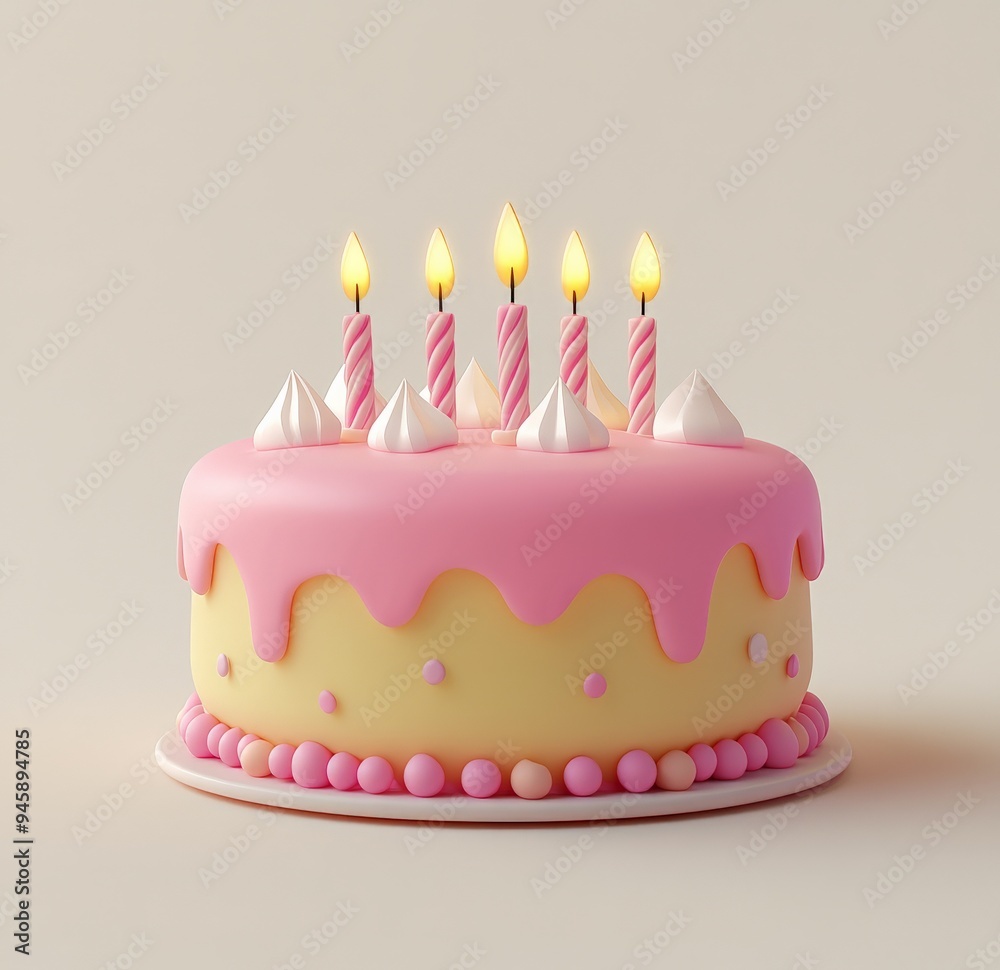 A beautifully decorated birthday cake with lit candles and vibrant frosting on a festive background A beautifully decorated birthday cake with lit candles and vibrant frosting on a festive background