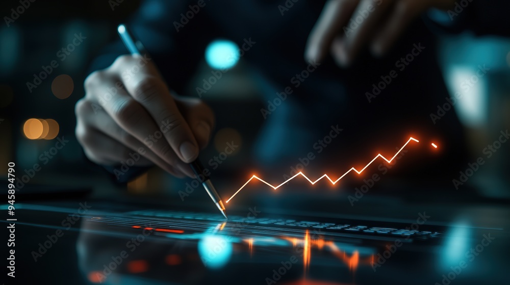 A person analyzing market trends with a pen while reviewing financial charts on a desk in a dimly lit office setting A person analyzing market trends with a pen while reviewing financial charts on a desk in a dimly lit office setting