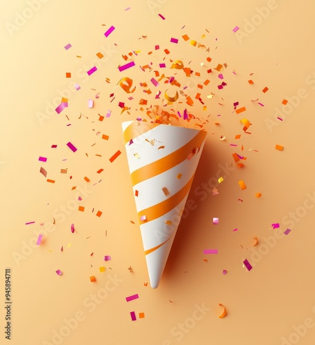 Colorful party cone surrounded by vibrant confetti on a bright background