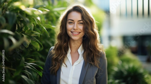 business woman with a warm smile, standing in a modern outdoor environment  photo