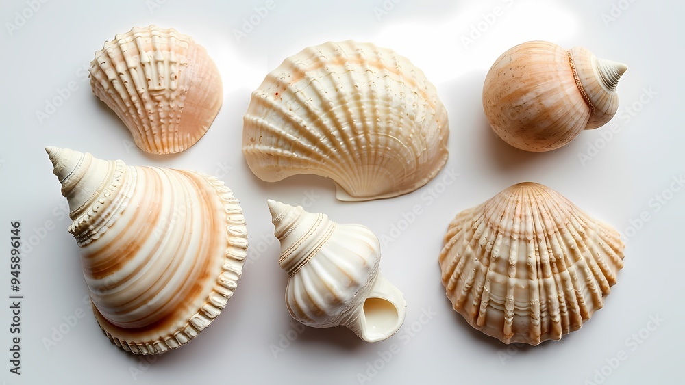 Assorted Seashell Collection with Unique Patterns and Textures on White Background Assorted Seashell Collection with Unique Patterns and Textures on White Background