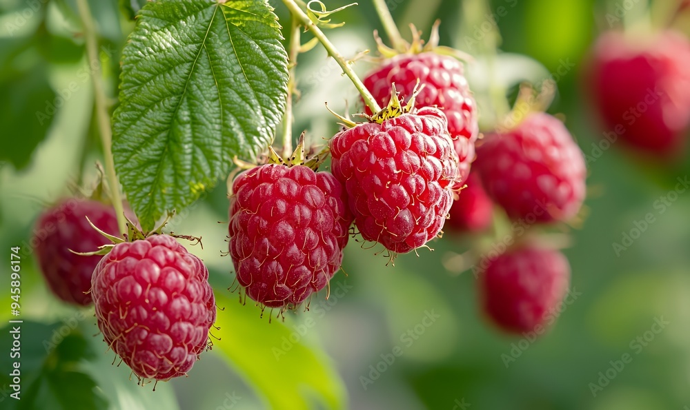 Ripe red raspberries growing on a vine amidst green leaves. Ripe red raspberries growing on a vine amidst green leaves.