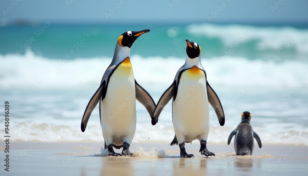 Obraz premium A family of penguins enjoying a day at the beach