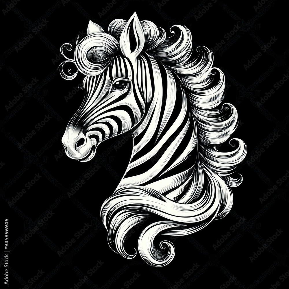 Zebra Head with Curly Mane - Black and White Illustration