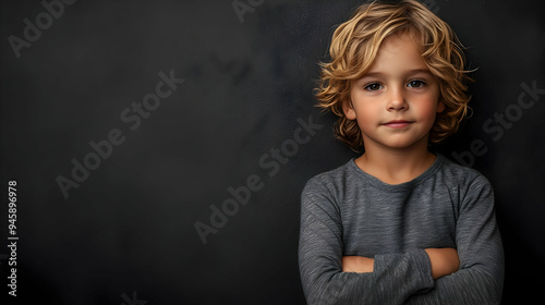 Portrait of Young Boy with Blonde Curly Hair Standing Against Black Background Isolated on Transparent Background.