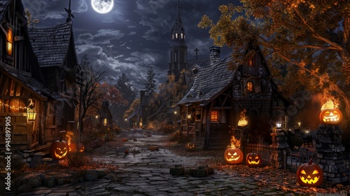 At midnight, during the full moon time, an old town looks deserted and quiet, spooky and scary. An old town with a Halloween theme photo