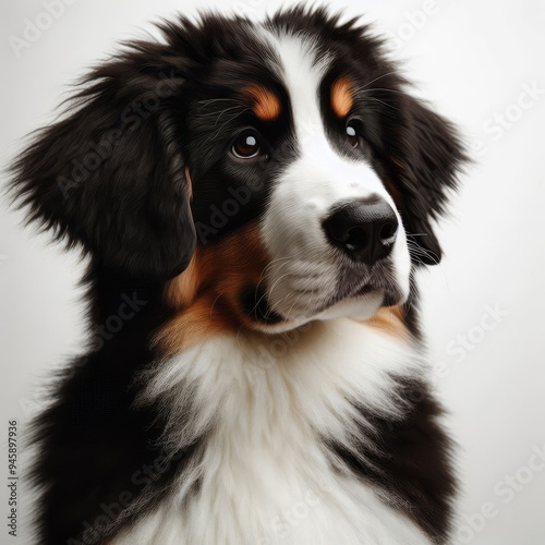 a puppy with a white chest and a black nose sits on a gray background.