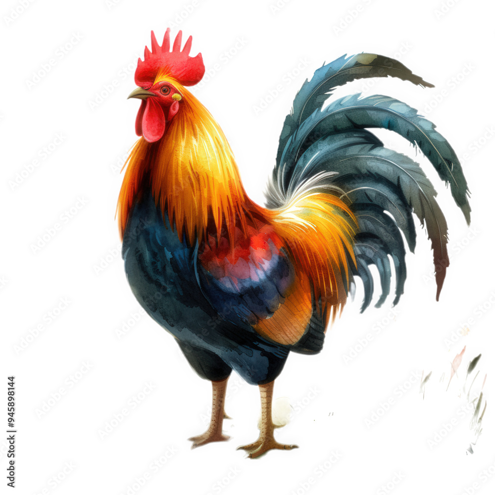 Fototapeta premium A vibrant illustration of a rooster, featuring a red comb, yellow and blue feathers, and a long, flowing tail