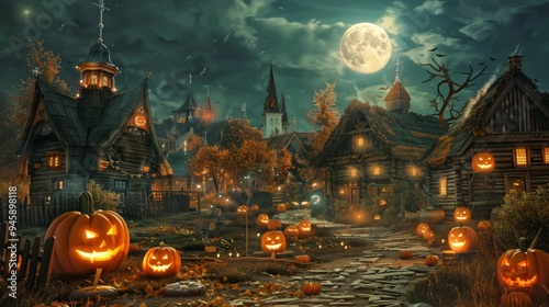 At midnight, during the full moon time, an old town looks deserted and quiet, spooky and scary. An old town with a Halloween theme photo