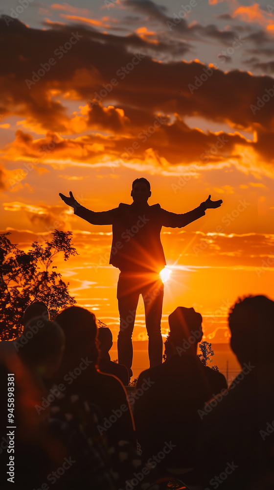 Fototapeta premium Motivational Speaker Delivering Inspiring Sunset Speech 