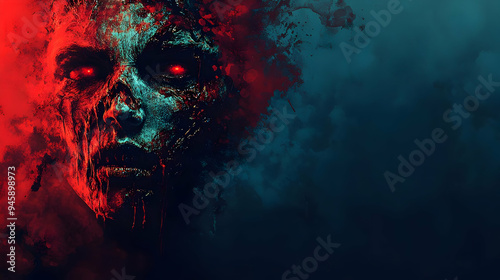 Digital Art Horror Zombie Face Close Up with Red Eyes and Bloody Background