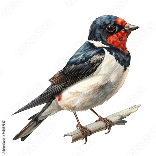 This illustration depicts a black-capped swallow, a small bird with a black cap and white belly, perched on a twig