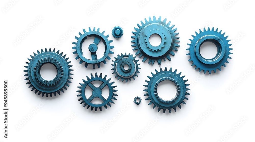 Blue Metal Gears Interlocking on White Background Blue Metal Gears Interlocking on White Background