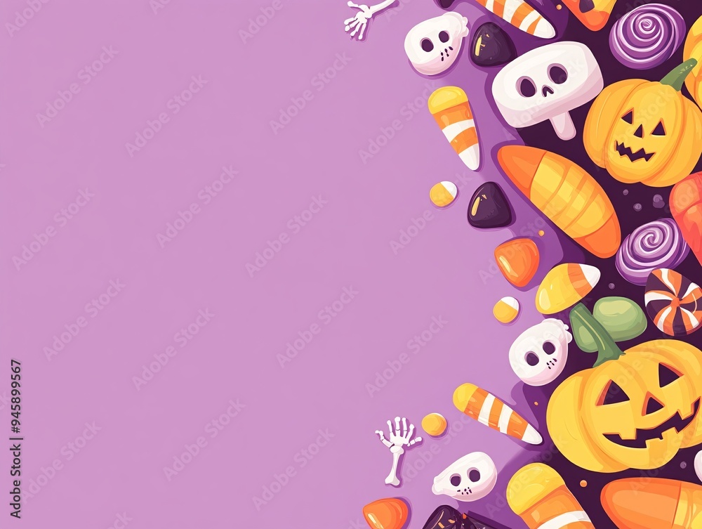 Fototapeta premium Whimsical candy shop pastel purple background with colorful Halloween treats like candy corn jack-o-lantern chocolates and skeleton-shaped candies