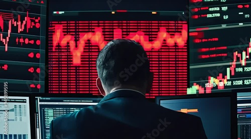 A distressed stock trader grapples with the sudden collapse of the market, overwhelmed by negative ticker information and alarming red graphs reflecting the financial crisis in real-time.
