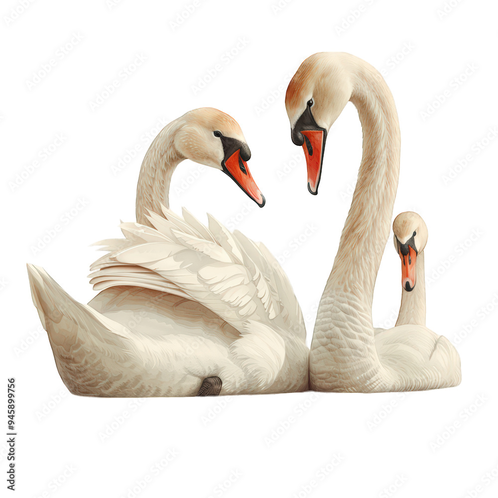 Fototapeta premium A hand-drawn illustration featuring three white swans, two facing forward with their necks curved and touching, and one facing the viewer with its head tilted slightly