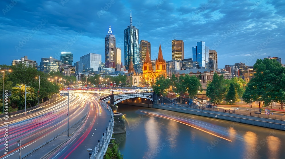Naklejka premium Spectacular Nighttime Cityscape with Illuminated Skyline and Reflective River