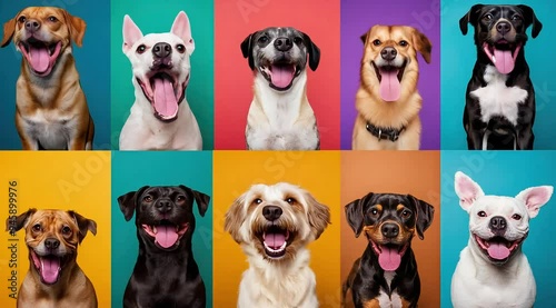 A high-quality collage of portraits of nine different and recognizable dog breeds, each captured in a professional and joyful pet video.