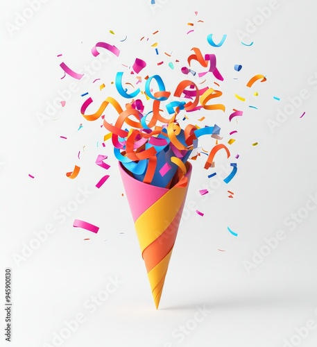 Colorful party cone surrounded by vibrant confetti on a bright background