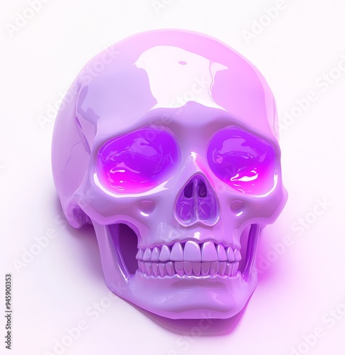 Colorful decorative skull with glossy finish resting on white background, sho...