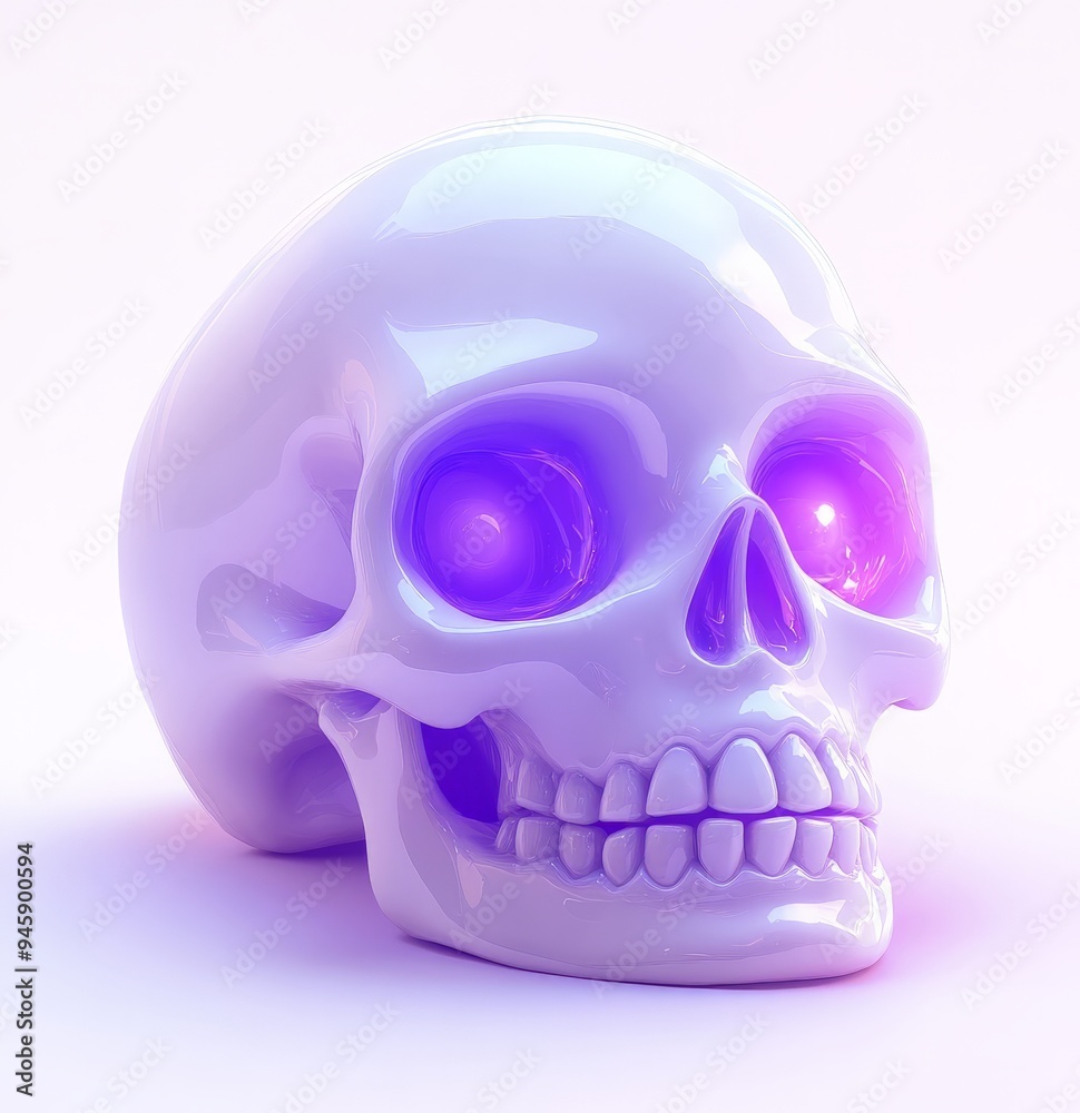 Glossy white skull with glowing purple eyes on a gradient background Glossy white skull with glowing purple eyes on a gradient background