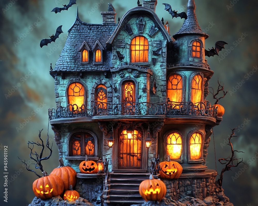 Whimsical Halloween hotel statue cozy yet eerie with ghostly decorations pumpkins glowing at the door and bats perched on the balconies Whimsical Halloween hotel statue cozy yet eerie with ghostly decorations pumpkins glowing at the door and bats perched on the balconies